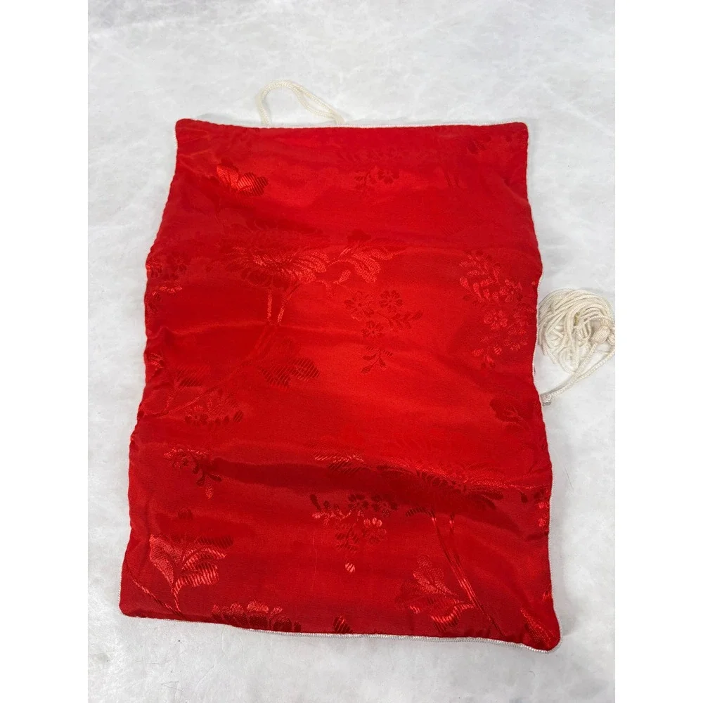 Vintage Red Floral Brocade Satin Jewelry Roll Travel Organizer Case Tassel‎ Tie